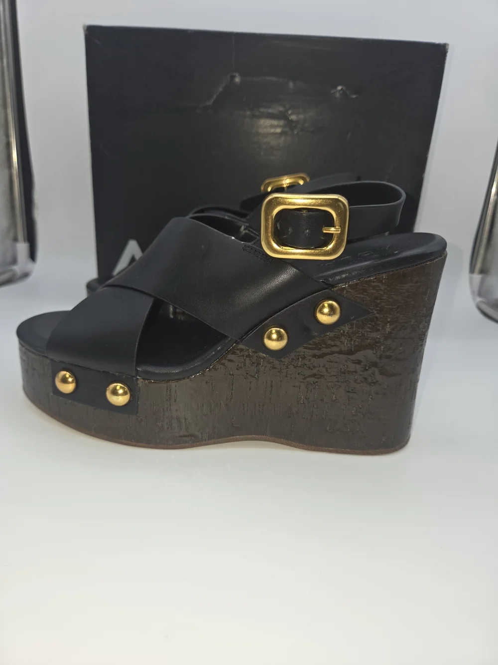 Black And Brown Platform Wedge Sandals with Gold Studs